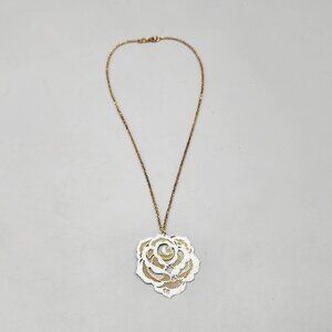 Plated Sterling Silver Filigree Rose Pendant on 18" Chain Gold Tone 925 Italy